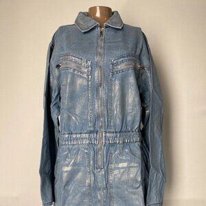 NEW VEVERET Denim Zip-Up Jumper Dress • Size L • Blue/Silver • Mini